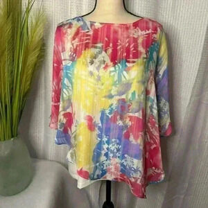 Chico’s Women’s 1 Medium Bright Floral Pullover Kimono Sleeve Sheer Over White